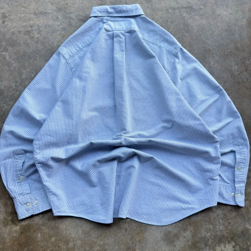 Vintage 90s Polo Ralph Lauren Striped Flesh Pony Button Shirt Blue White XL (k1)